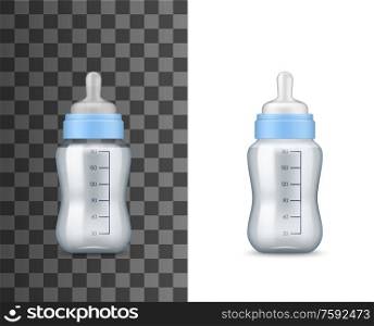 Baby milk bottles, realistic 3D mockup templates. Vector isolated baby feeding bottles of transparent plastic with milk or nutrition food, nipple and capacity volume measuring grades. Baby feeding milk bottles, realistic mockups