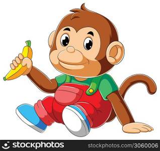 Baby monkey sitting and holding banana
