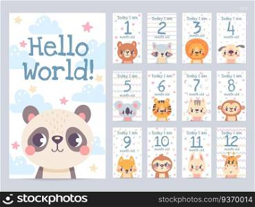 Baby month cards with animals. Monthly milestone stickers for newborn scrapbook. Kids age tags with sloth, lion, giraffe and fox vector set. Celebrating child growth with adorable characters. Baby month cards with animals. Monthly milestone stickers for newborn scrapbook. Kids age tags with sloth, lion, giraffe and fox vector set