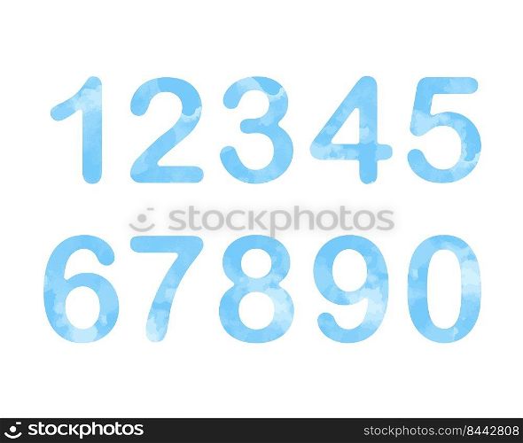 Baby numbers watercolor blue sky set vector illustration. Digits, collection of figures. Paint splash for boy design. Cute funny tender isolated icons. Baby numbers watercolor blue sky set vector illustration