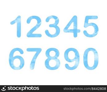 Baby numbers watercolor blue sky set vector illustration. Digits, collection of figures. Paint splash for boy design. Cute funny tender isolated icons. Baby numbers watercolor blue sky set vector illustration