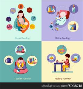 Baby nutrition design concept set with breast feeding flat icons isolated vector illustration. Baby Nutrition Set
