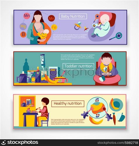 Baby nutrition horizontal banner set with toddler feeding elements isolated vector illustration. Baby Nutrition Banner Set