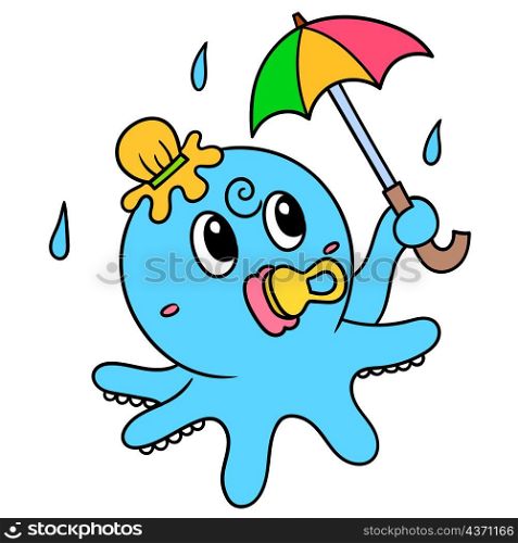 baby octopus is carrying umbrella shelter from the rain