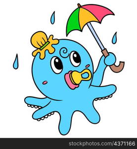 baby octopus is carrying umbrella shelter from the rain