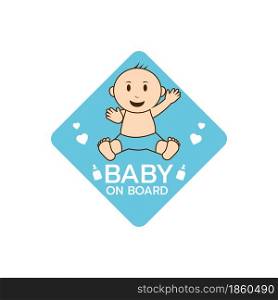 Baby on board sign logo icon. Child safety sticker warning emblem. Cute Baby safety design illustration,Funny small smiling boy or girl. The sticker on the back window of the car.