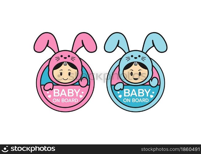 Baby on board sign logo icon. Child safety sticker warning emblem. Cute Baby safety design illustration,Funny small smiling boy and girl wearing bunny suite. The sticker on the back window of the car.