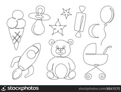  Baby one line drawing elements. Collection of cute kids objects and toys. Bear, pacifier, carriage.