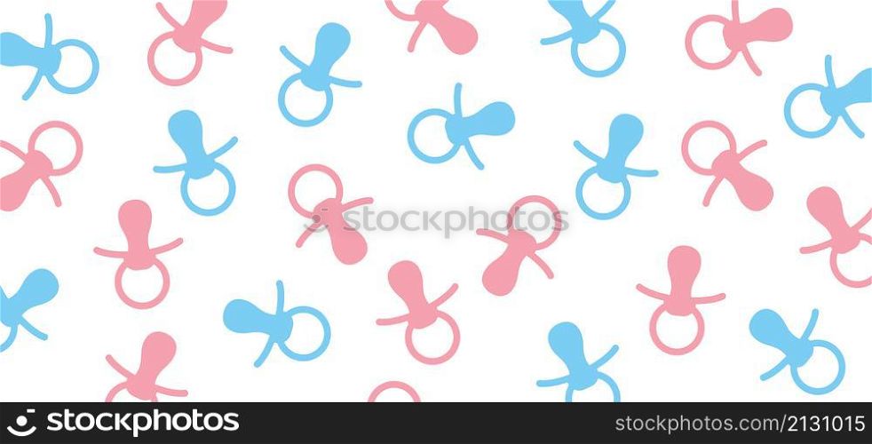Baby pacifier icon. Baby nipple thin line symbol. Vector flat pattern, baby dummy logo. Baby boy and girl, blue and pink background.