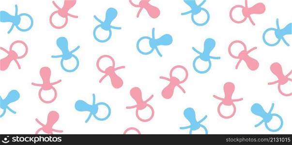 Baby pacifier icon. Baby nipple thin line symbol. Vector flat pattern, baby dummy logo. Baby boy and girl, blue and pink background.