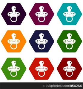 Baby pacifier icon set many color hexahedron isolated on white vector illustration. Baby pacifier icon set color hexahedron
