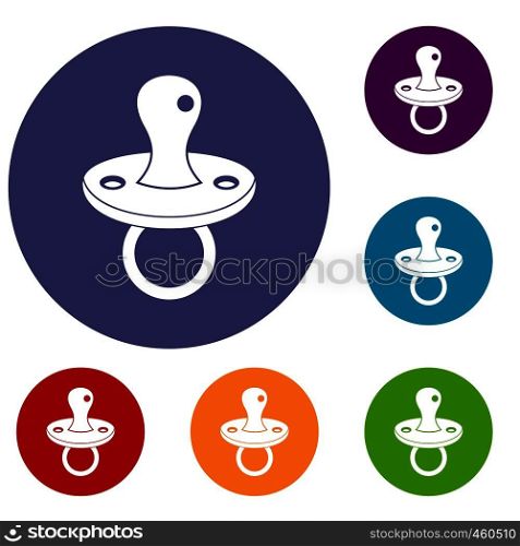 Baby pacifier icons set in flat circle reb, blue and green color for web. Baby pacifier icons set