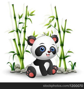 Baby panda sitting among bamboo stem