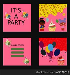 Baby party card template. Balloons, cupcake and baby dolls. It&rsquo;s a party note. . Baby party card template. Balloons, cupcake and baby dolls.