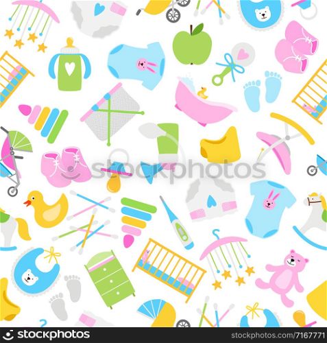 Baby pattern with clothes, toys and soother, vector illustration. Baby items pattern