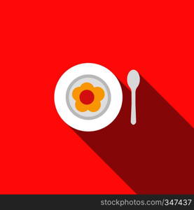 Baby plate and spoon icon in flat style with long shadow. Utensils for eating symbol. Baby plate and spoon icon, flat style