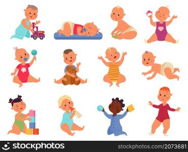 Baby play with toys. Children toy, child playing with blocks. Little kids or babies, isolated fun toddler in diaper. Cartoon infants decent vector set. Baby with toy, kid toddler girl and boy. Baby play with toys. Children toy, child playing with blocks. Little kids or babies, isolated fun toddler in diaper. Cartoon infants decent vector set