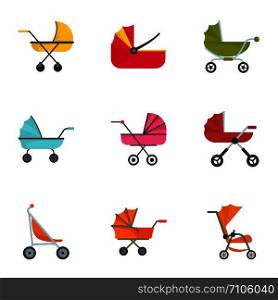 Baby pram icon set. Flat set of 9 baby pram vector icons for web design. Baby pram icon set, flat style