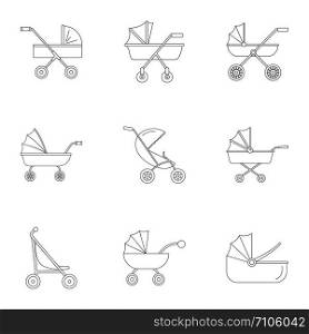 Baby pram icon set. Outline set of 9 baby pram vector icons for web design isolated on white background. Baby pram icon set, outline style