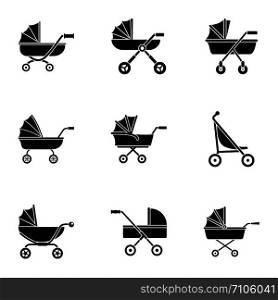 Baby pram icon set. Simple set of 9 baby pram vector icons for web design on white background. Baby pram icon set, simple style