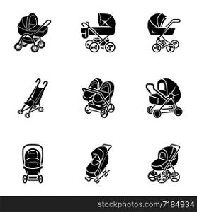 Baby pram icon set. Simple set of 9 baby pram vector icons for web design isolated on white background. Baby pram icon set, simple style
