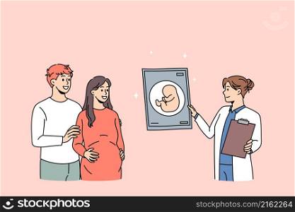 Baby pregnant ultrasound test concept. Young happy couple expecting for baby standing and looking at ultrasound test made by female doctor in clinic feeling excited vector illustration . Baby pregnant ultrasound test concept.
