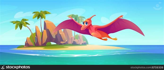 Baby pterodactyl fly above sea. Cute flying dinosaur character. Vector cartoon illustration of tropical island landscape with sand beach, palm trees, ocean and funny dino. Baby pterodactyl fly above sea