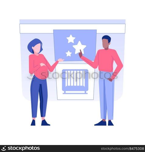Baby room design isolated concept vector illustration. Pregnant woman discussing nursery room project with interior designer, private house interior, repair service worker vector concept.. Baby room design isolated concept vector illustration.