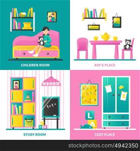 Baby Room Furniture 2x2 Design Concept . Baby room furniture 2x2 design concept with cozy places for study and play flat vector illustration