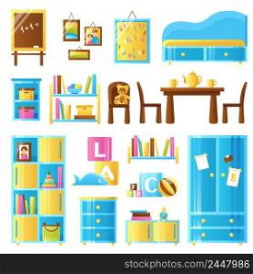 Baby room furniture colored icons set of toys chalkboard wardrobe commode shelves isolated vector illustration. Baby Room Furniture Colored Set