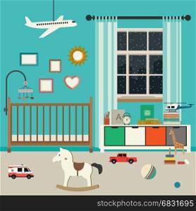 Baby room interior.. Baby room interior with furniture and toys. Vector banner of nursery in flat style.