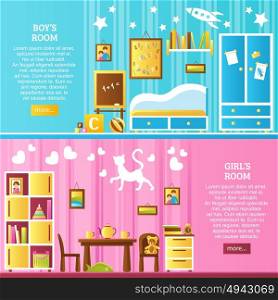 Baby Room Interior Horizontal Banners. Baby room two horizontal banners set with interiors for boys and girls flat vector illustration