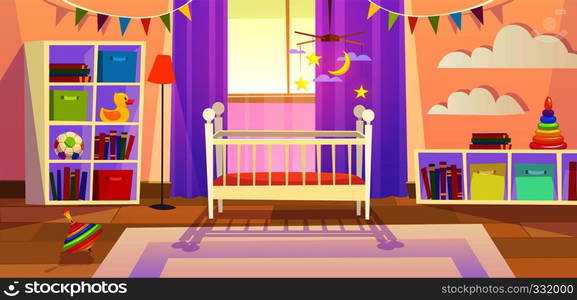 Baby room. Interior nursery bedroom newborn furniture cot children toys family lifestyle kid playroom, cartoon vector illustration. Baby room. Interior nursery bedroom newborn furniture cot children toys family lifestyle kid playroom, cartoon image