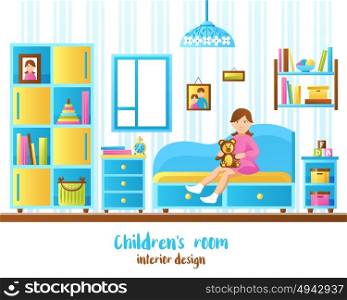 Baby Room Interior Vector Illustration. Baby room interior with shelves with books and toys and little girl sitting on sofa flat vector illustration