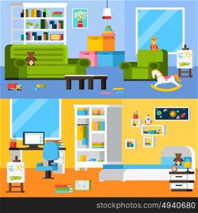 Baby Room Interiors Flat Horizontal Banners . Baby room interiors flat horizontal banners set of playroom and bedroom with toys and furniture vector illustration