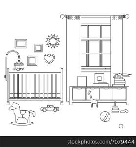 Baby room line interior. Baby room line interior. Vector outline illustration of nursery with furniture and toys.