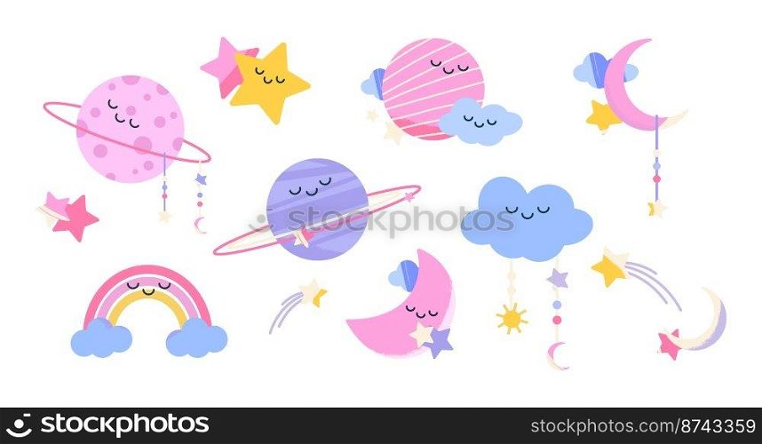 Baby room, nursery decoration with cute moon, rainbow, clouds, planets and stars. Pastel clipart in boho style for kids room with moon and stars characters, vector cartoon set. Nursery decoration with cute moon, rainbow, clouds