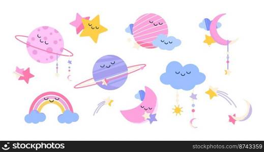 Baby room, nursery decoration with cute moon, rainbow, clouds, planets and stars. Pastel clipart in boho style for kids room with moon and stars characters, vector cartoon set. Nursery decoration with cute moon, rainbow, clouds