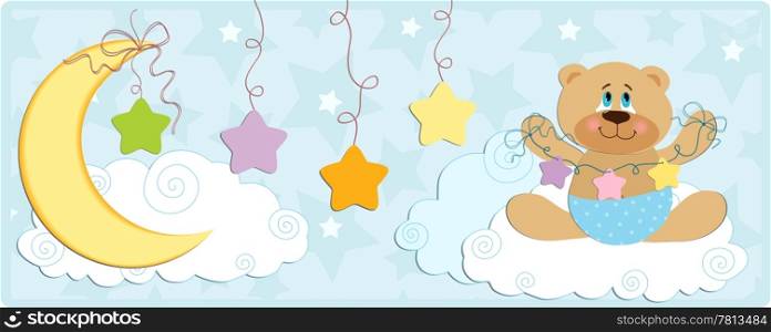Baby&rsquo;s banner or postcard with bear in blue colors