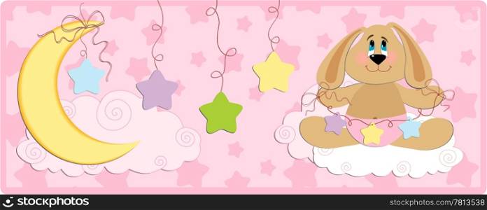 Baby&rsquo;s banner or postcard with rabbit in pink colors