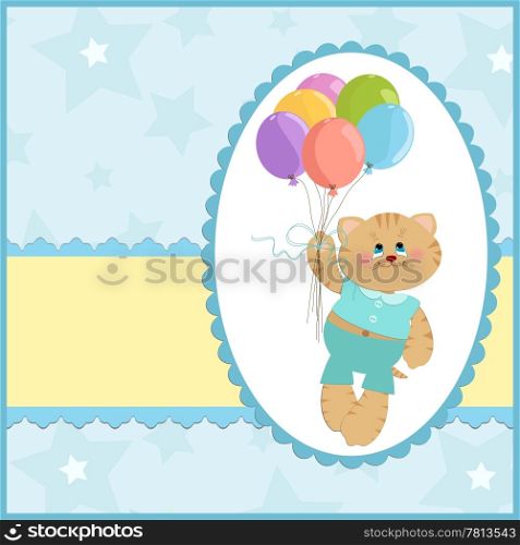 Baby&rsquo;s greetings card with cat and flying balloons