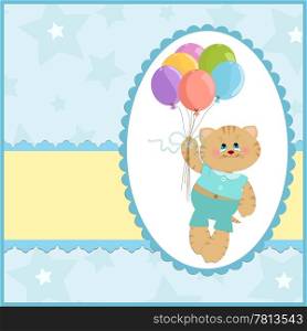 Baby&rsquo;s greetings card with cat and flying balloons