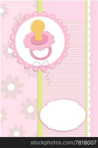 Baby&rsquo;s greetings card with dummy in pink colors