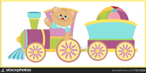 Baby&rsquo;s illustration with kitty and blue train