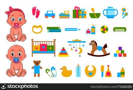 Baby s toys collection icons vector illustration of various playthings set two cute small infants, girl and boy with horse car, teddy bear yellow duck. Baby s Toys Collection Icons Vector Illustration
