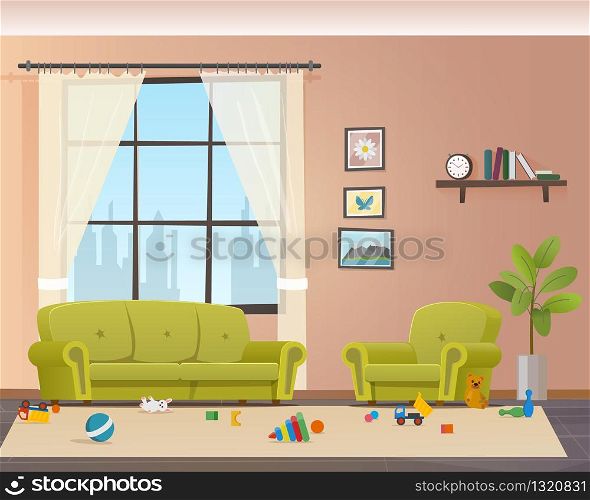 Baby Scattered Toys on Floor. Messy Living Room. Child Mess Space in Home Indoor Interior. Untidy House. Disorder Naugty Children Apartment Design. Flat Cartoon Vector Illustration. Baby Scattered Toys on Floor. Messy Living Room