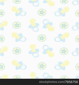 Baby seamless pattern. Blue and beige. Children&rsquo;s book illustration. The image pacifiers and round balls with stars.For printing on fabric and .