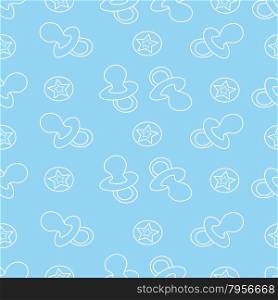 Baby seamless pattern. Blue and white colors. Children&rsquo;s book illustration. The image pacifiers and round balls with stars.For printing on fabric and paper.