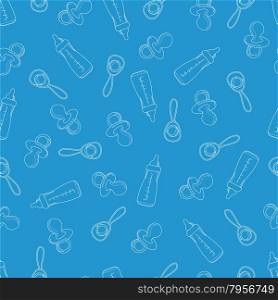 Baby seamless pattern. Blue and white colors. Children&rsquo;s illustration. The image of pacifiers , bottles and rattles.For printing on fabric and paper.