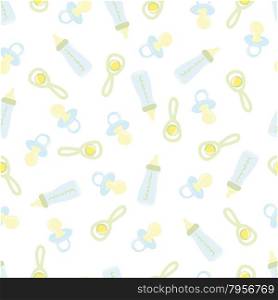 Baby seamless pattern. Pastel colors. Children&rsquo;s illustration. The image of pacifiers , bottles and rattles.For printing on fabric and paper.